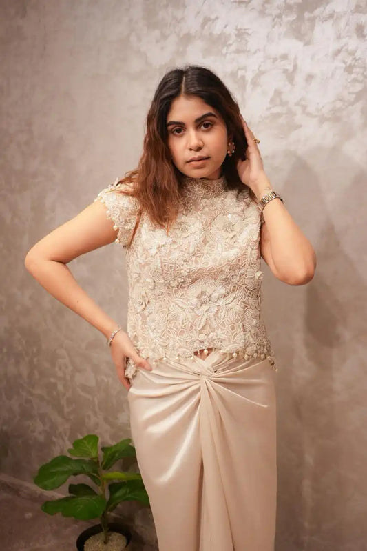 Champagne Drape Skirt With Embellished Top Indo Western Set for Women
