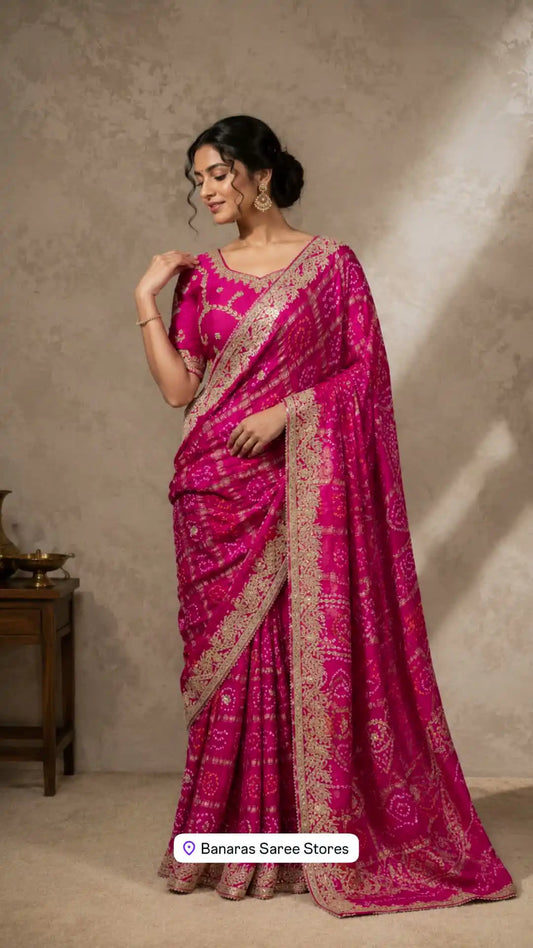 Fuchsia Pink Bandhani Silk Saree With Heritage Zari Border