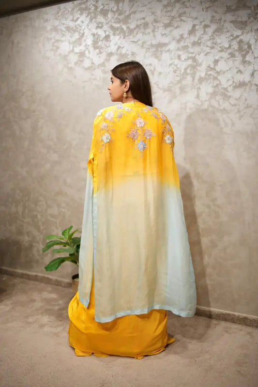 Ombre Yellow Blue Cape Set With Drape Skirt Indo Western Outfit for Women