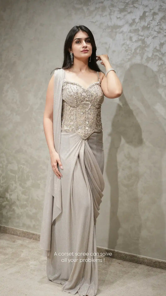Moonstone Shimmer Corset Saree With Hand Embellished Blouse