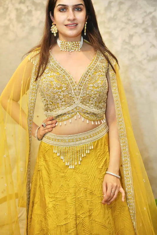Festive Yellow Crushed Skirt With Handwork Blouse Set for Women