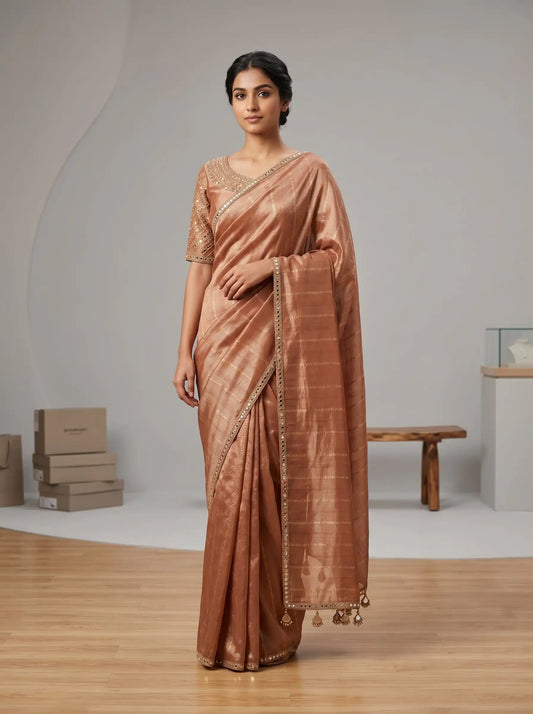Woman wearing a traditional saree in a minimalistic setting