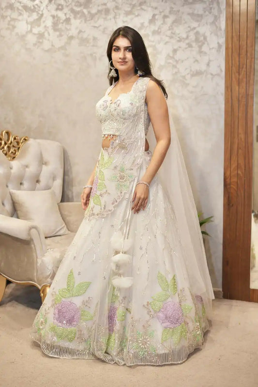 Appliqué Embroidered Blouse With Organza Dupatta Lehenga Set for Women