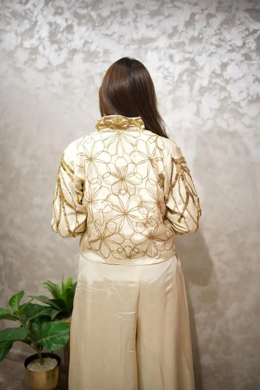 Cream Embellished Blouse With Designer Pants Co Ord Set for Women