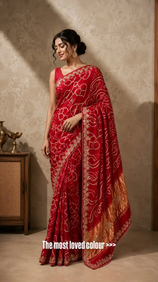 Woman wearing a red saree with gold patterns against a beige wall.
