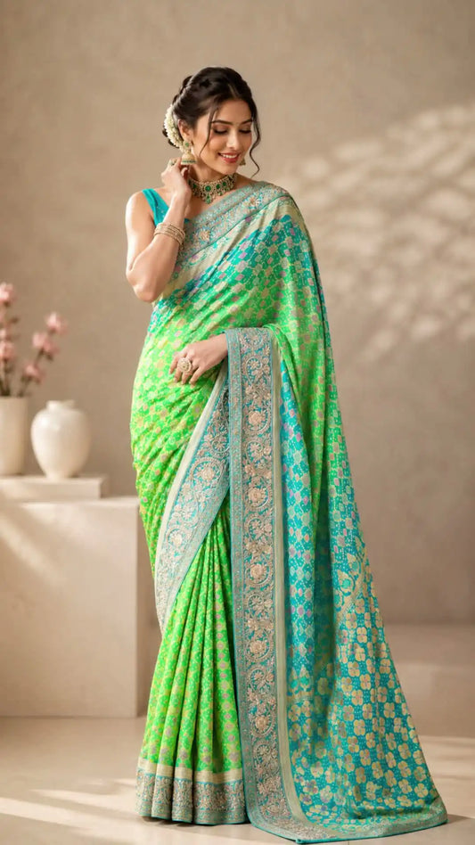 Emerald Green And Aqua Blue Banarasi Silk Saree