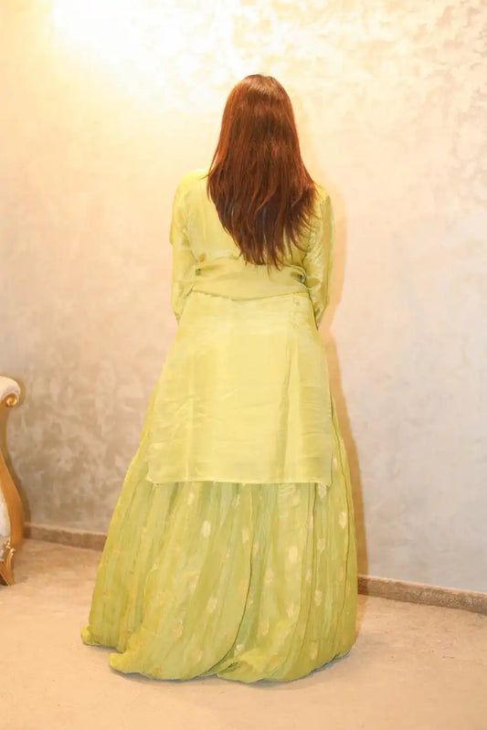 Green Tissue Blouse With Banarasi Skirt Set for Women Festive Ethnic Wear