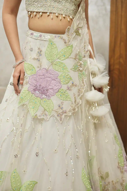 Appliqué Embroidered Blouse With Organza Dupatta Lehenga Set for Women