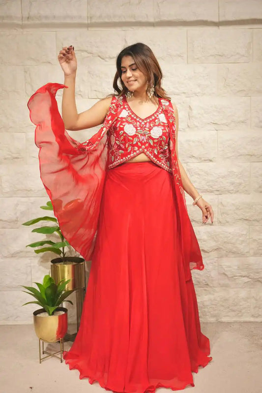 Red Chinnon Hand Embellished Blouse With Jacket And Skirt Set for Women