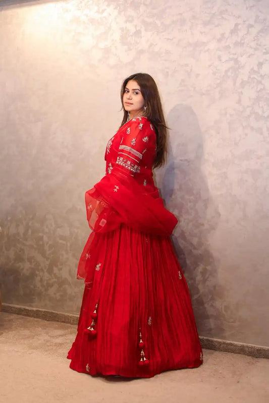 Red Hand Embroidered Anarkali Gown Set for Women Festive Designer Wear