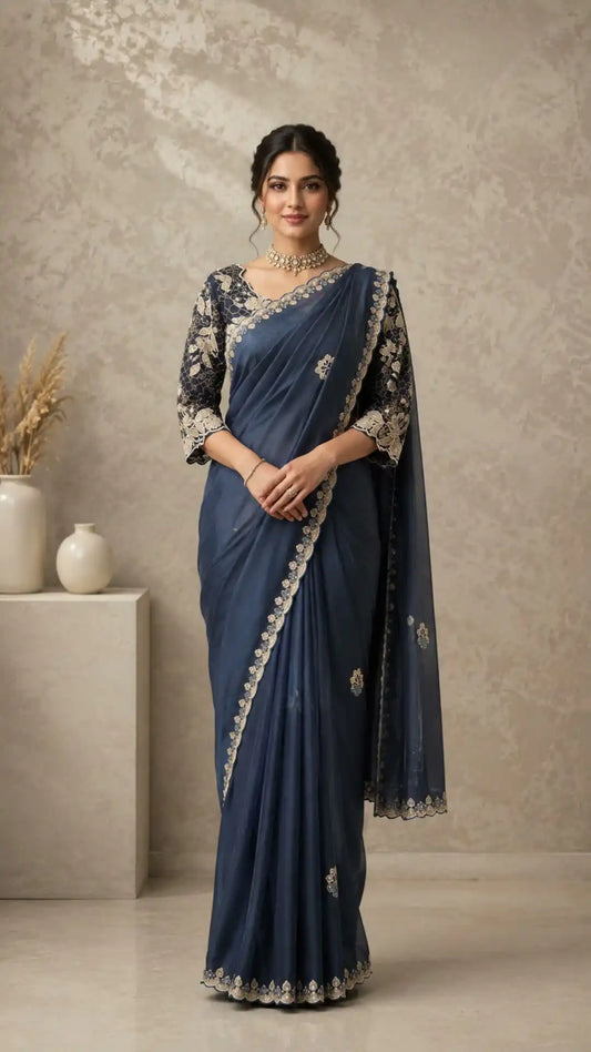 Midnight Blue Embroidered Designer Saree With Floral Blouse
