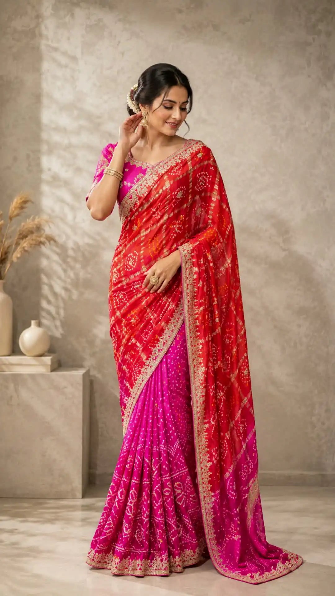 Woman wearing a red and pink saree with a neutral background