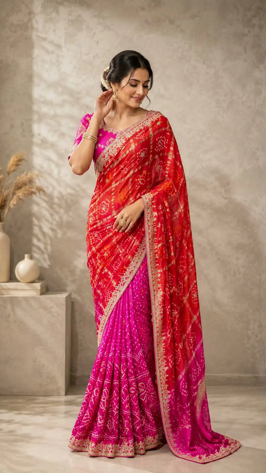 Woman wearing a red and pink saree with a neutral background