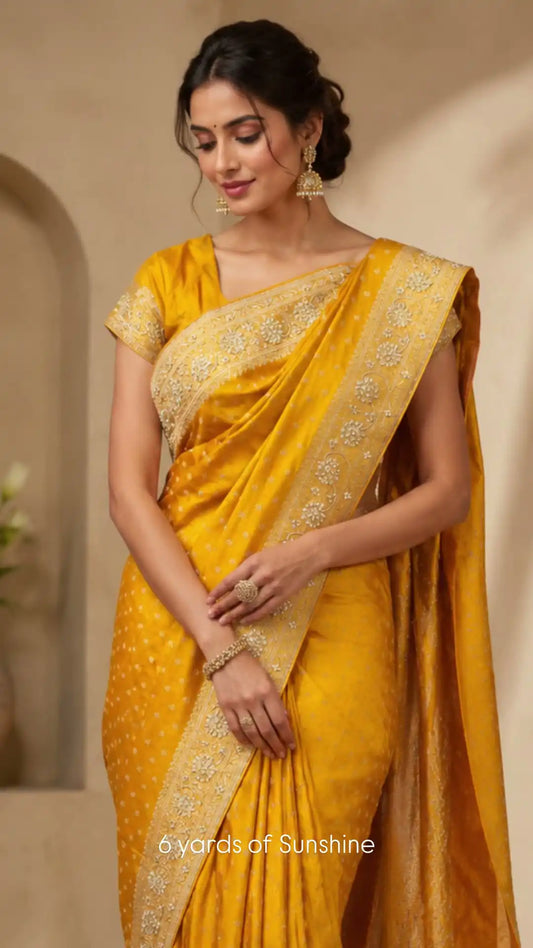 Sunflower Yellow Embroidered Silk Saree With Pearl Zari Border